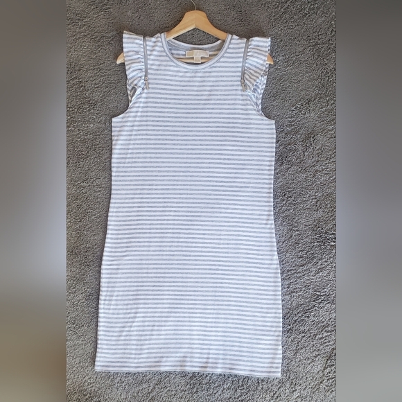 Michael Kors Gray & White Striped Cotton Ruffle Zipper Sleeves Dress Size Small - Picture 1 of 9